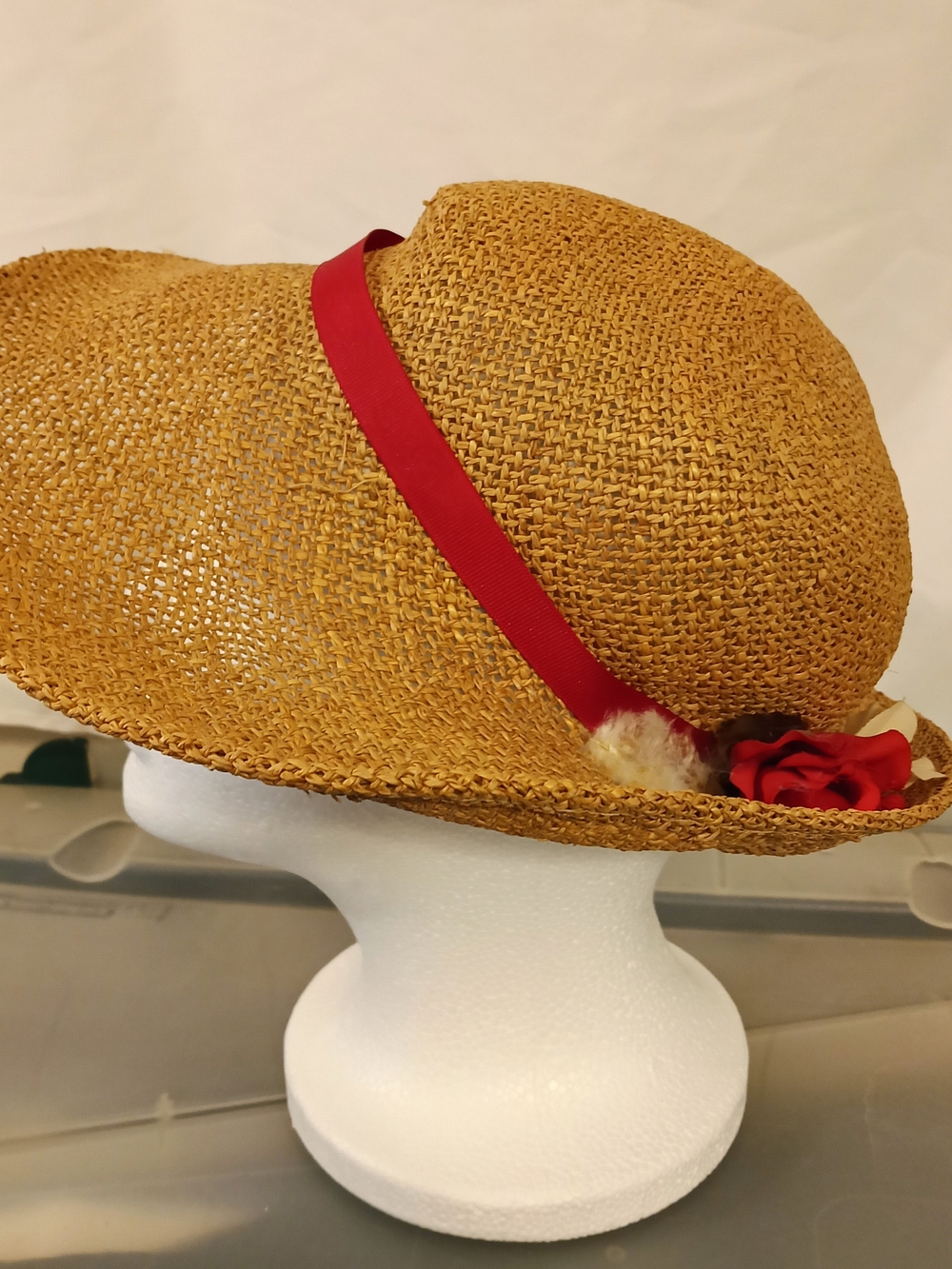 San Francisco Feather Co Straw Sun Hat Red Band Floral Accent Summer Hat Vintage - Picture 2 of 6